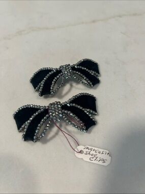 LWParis Vintage Black Velvet Bow Shoe Clips with Marcasite trim